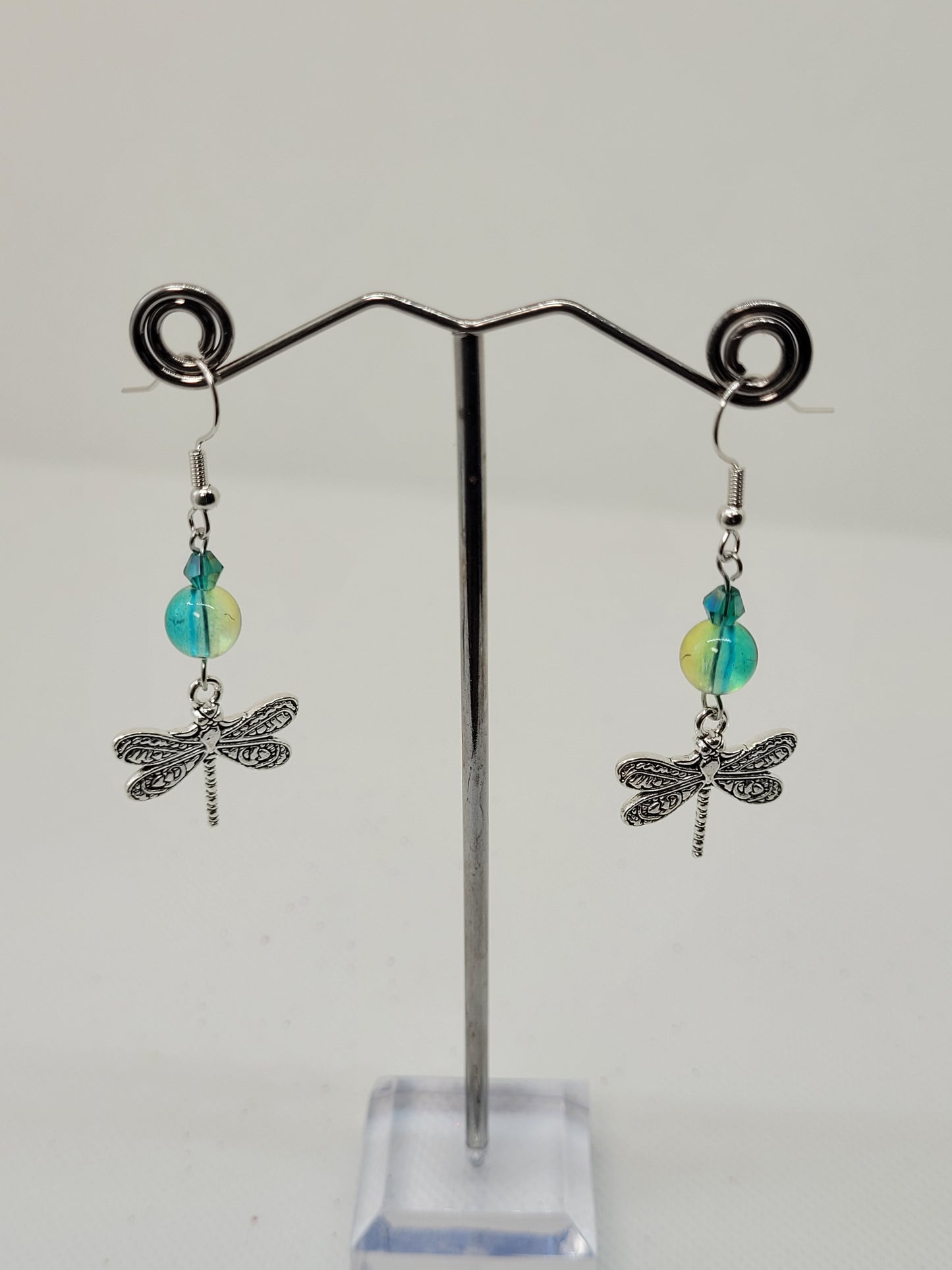 Green and Silver Coloured Dragonfly Earrings