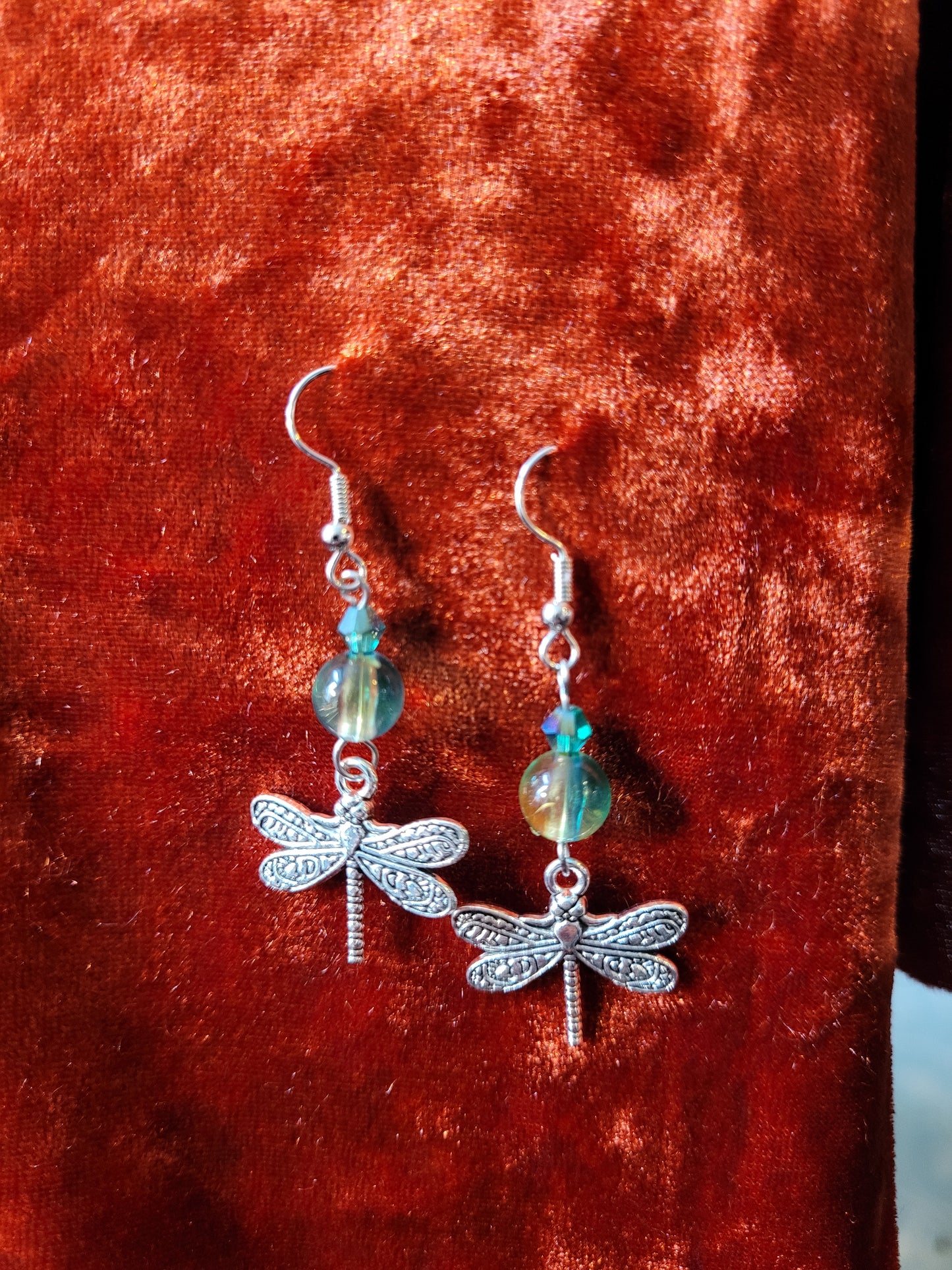 Green and Silver Coloured Dragonfly Earrings